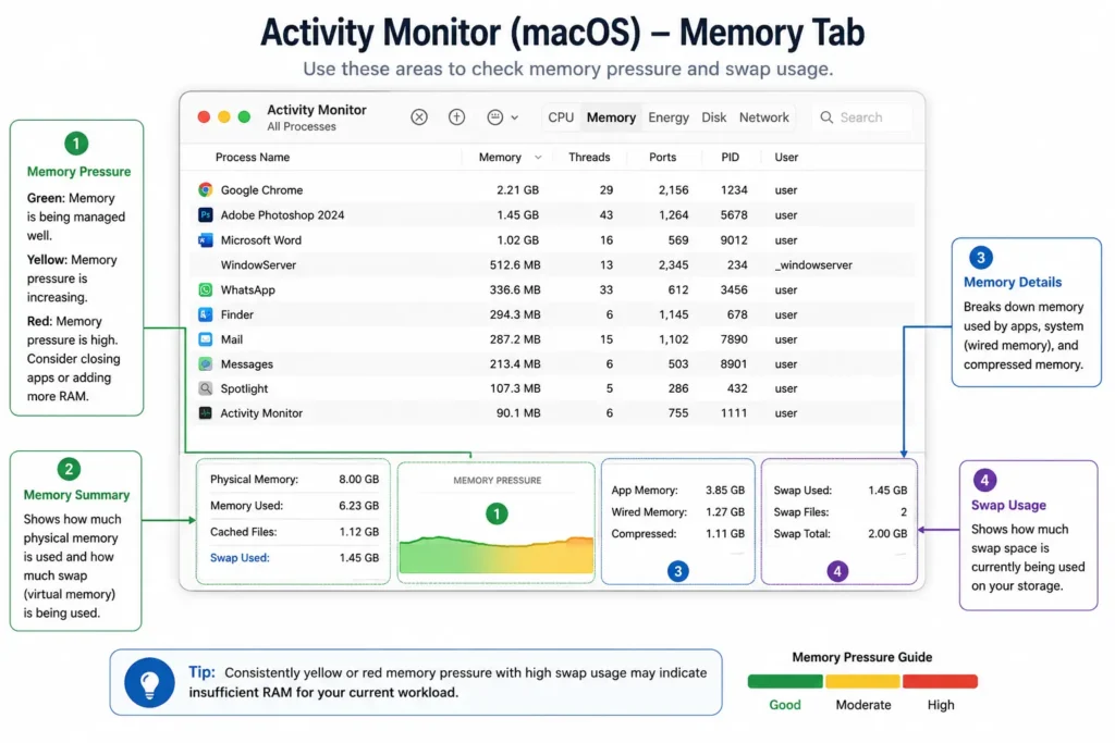 Can low RAM cause CPU overheating in a laptop? macOS Activity Monitor shows memory pressure, RAM use, and swap usage.