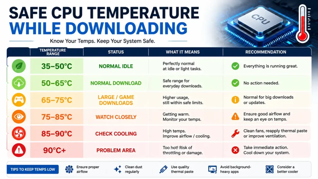CPU Heats Up When Downloading: A temperature chart showing safe CPU ranges and cooling tips