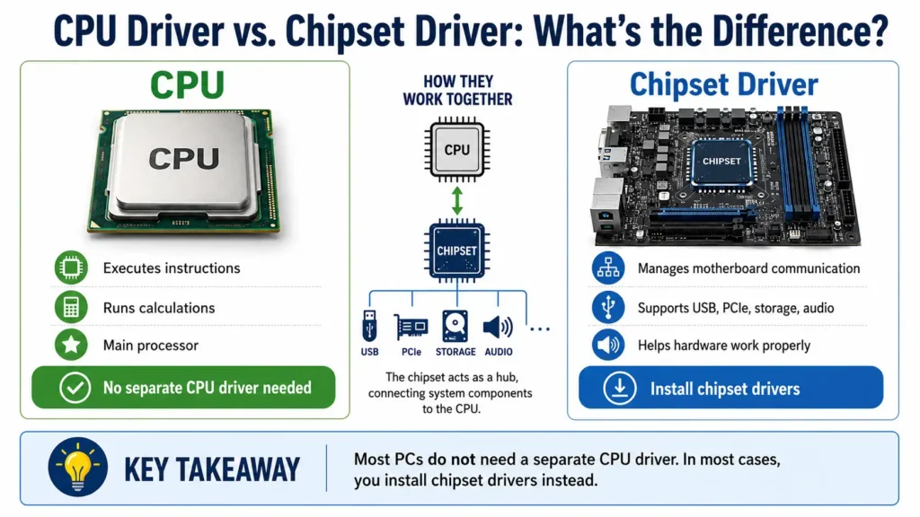 Do CPUs Need Drivers infographic comparing CPU and chipset drivers, showing no separate CPU driver is usually needed.