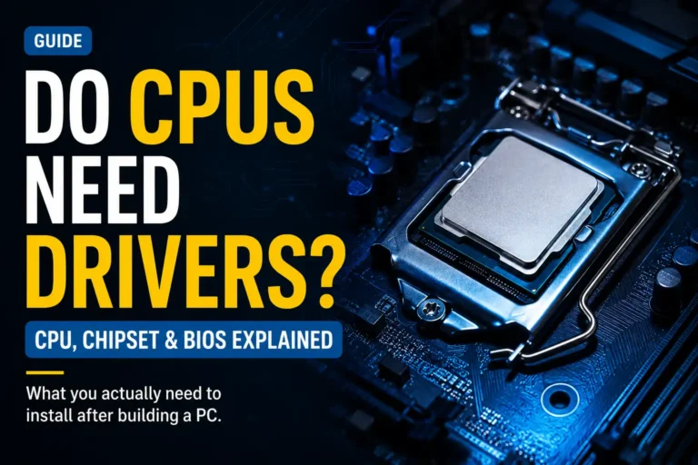 Do CPUs Need Drivers guide showing a processor installed on a blue-lit motherboard with chipset and BIOS text.