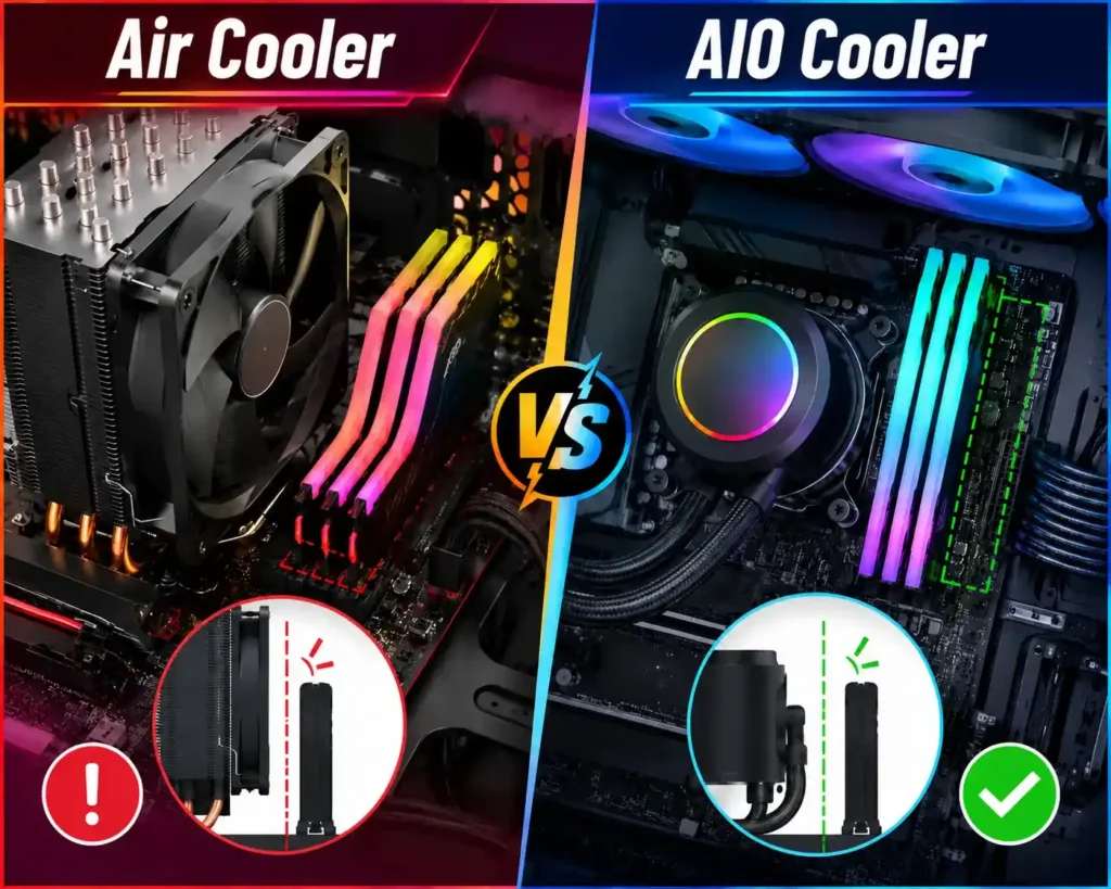 How to Check RAM Clearance with CPU Coolers: air vs AIO cooler RAM space comparison