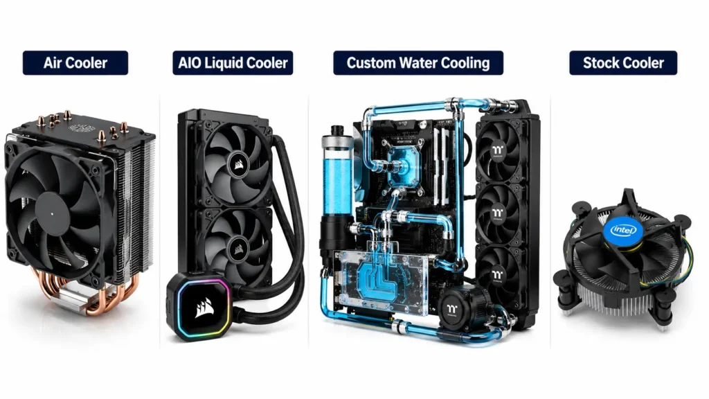 Cooler Types at a Glance showing air coolers, AIO liquid coolers, custom water cooling, and stock CPU coolers.