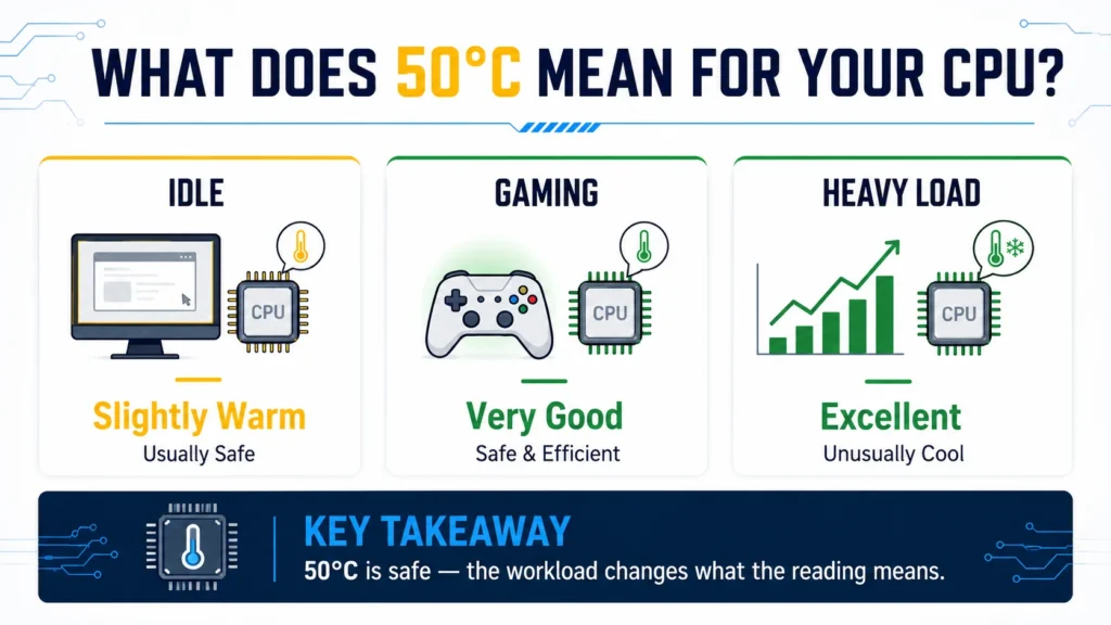 Is 50°C Hot for a CPU? Infographic shows 50°C as safe for idle, gaming, and heavy loads, with cooling icons.