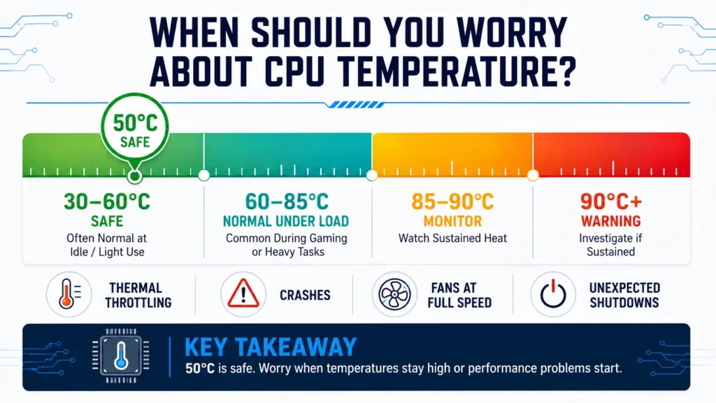Is 50°C Hot for a CPU? Temperature chart shows 30–60°C safe, 85–90°C monitor, and 90°C+ warning signs.